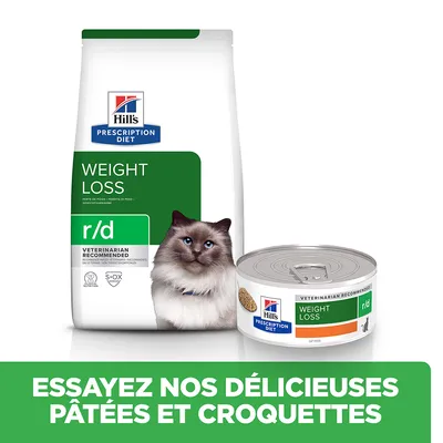 Hill's Prescription Diet Weight Loss r/d pour chat, croquettes et pâtée en boîte. Texte visible : Essayez nos délicieuses pâtées et croquettes.