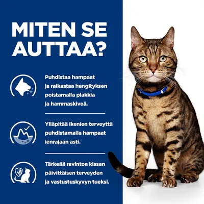 Teksti: MITEN SE AUTTAA? Puhdistaa hampaat ja raikastaa hengityksen poistamalla plakkia ja hammaskiveä. Ylläpitää ikenien terveyttä. Tärkeää ravintoa kissan päivittäisen terveyden tueksi.