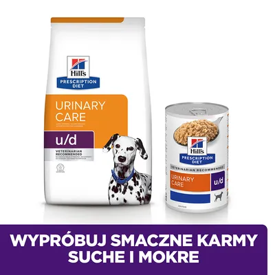 Hill's Prescription Diet Urinary Care u/d karma sucha i mokra dla psów, opakowanie oraz puszka z widocznym składem. Napis: Wypróbuj smaczne karmy suche i mokre.