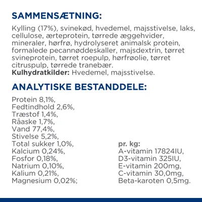 Sammensætning: kylling 17 %, svinekød, hvedemel, majsstivelse, laks m.fl. Analytiske bestanddele: protein 8,1 %, fedt 2,6 %, vand 77,4 %, vitaminer og mineraler pr. kg angivet.