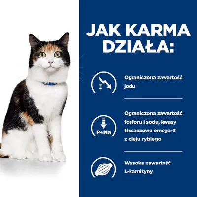 Jak karma działa: Ograniczona zawartość jodu, ograniczona zawartość fosforu i sodu, kwasy tłuszczowe omega-3 z oleju rybiego, wysoka zawartość L-karnityny.