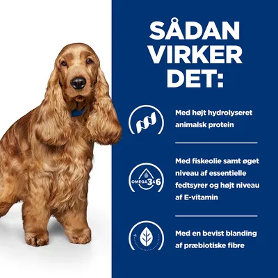SÅDAN VIRKER DET: Med højt hydrolyseret animalsk protein. Med fiskeolie samt øget niveau af essentielle fedtsyrer og højt niveau af E-vitamin. Med en bevidst blanding af præbiotiske fibre.