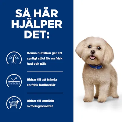 Så här hjälper det: Denna nutrition ger synligt stöd för frisk hud och päls, bidrar till att främja en frisk hudbarriär och bidrar till utmärkt avföringskvalitet.