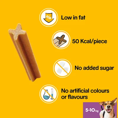 Tekst po angielsku: Low in fat, 50 Kcal/piece, No added sugar, No artificial colours or flavours; widoczny przysmak dla psa; oznaczenie wagi 5–10 kg.