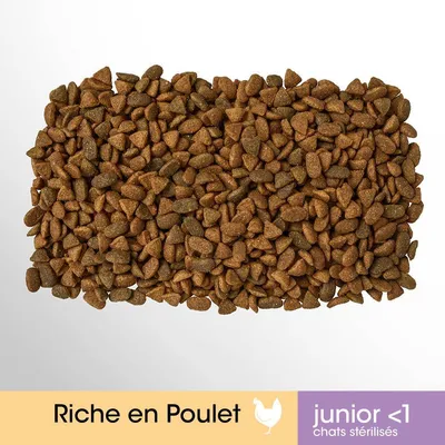 Croquettes pour chats stérilisés junior, riche en poulet. Texte visible : junior <1 chats stérilisés, Riche en Poulet avec icône de poulet.