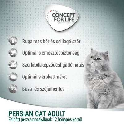 Concept for Life. Rugalmas bőr és csillogó szőr, optimális emésztésbiztonság, szőrlabda­képződést gátló hatás, optimális krokettméret, búza- és szójamentes. Persian Cat Adult felnőtt perzsamacskáknak 12 hónapos kortól.