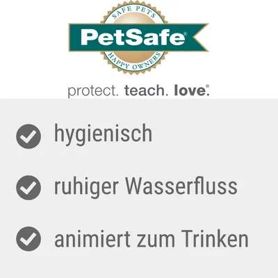 PetSafe Logo mit Slogan 'protect. teach. love.' und Eigenschaften: hygienisch, ruhiger Wasserfluss, animiert zum Trinken.