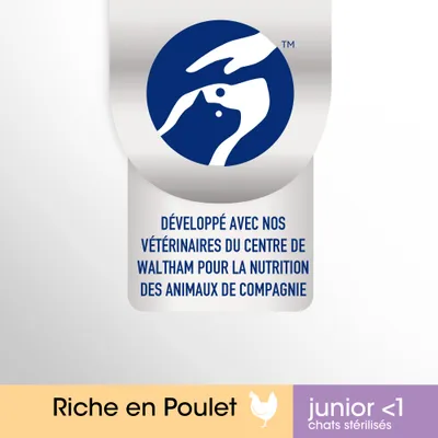 Développé avec nos vétérinaires du centre de Waltham pour la nutrition des animaux de compagnie. Riche en Poulet. junior <1 chats stérilisés.