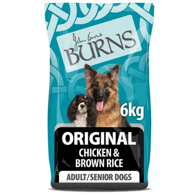 Burns Original Chicken & Brown Rice hondenvoer, 6 kg zak voor volwassen en senior honden. Tekst: ADULT/SENIOR DOGS.