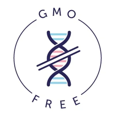 Texto en inglés: GMO FREE, junto a un icono de ADN tachado. Indica ausencia de organismos modificados genéticamente.