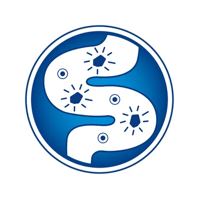 Modrý kruhový symbol s bílým tvarem připomínajícím střevo, uvnitř tři šestiúhelníky s paprsky a tři malé kruhy.