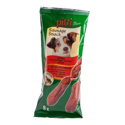 pitti Boris Sausage Snack med nötkött, 8 stycken. Text: mit 90% Frischfleisch, med 90 % färskt kött. Bild på hund och korvliknande snacks på förpackningen.