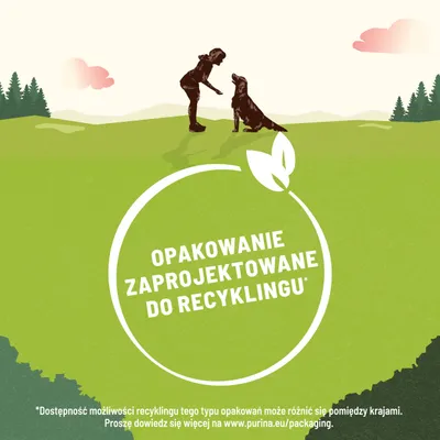 Opakowanie zaprojektowane do recyklingu. *Dostępność możliwości recyklingu tego typu opakowań może różnić się pomiędzy krajami. Proszę dowiedzieć się więcej na www.purina.eu/packaging.