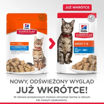 Hill's Science Plan Adult 1-6 with Ocean Fish Chunks & Gravy – porównanie starego i nowego opakowania karmy dla kotów, informacja: nowy wygląd już wkrótce.