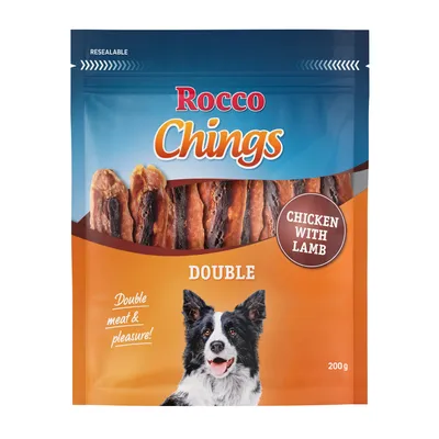 Rocco Chings Double, kuře s jehněčím, 200g. Obal zobrazuje psa a popis produktu: 'Double meat & pleasure!'.