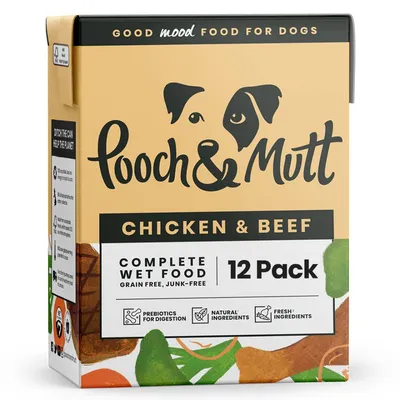 Pooch & Mutt chicken and beef complete wet food, 12 pack. Grain free, junk-free. Contains prebiotics for digestion, natural ingredients, fresh ingredients.