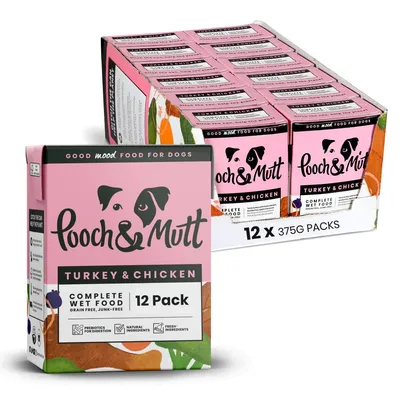 Pooch & Mutt Turkey & Chicken complete wet food 12 pack, grain free, junk-free, with prebiotics for digestion, natural and fresh ingredients. Pack contains 12 x 375g.