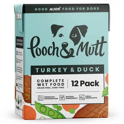 Pooch & Mutt Turkey & Duck complete wet food, 12 pack. Grain free, junk-free. Contains prebiotics for digestion, natural and fresh ingredients.
