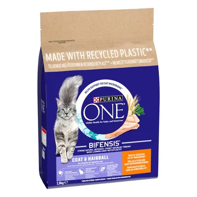 Purina ONE Bifensis Coat & Hairball dry food, made with recycled plastic, rich in chicken as number one ingredient, supports gut microbiome and healthy coat. 2.8kg bag.
