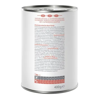 Tin labelled: Fresh poultry & pork with forest berries, roots and wild herbs. Feeding recommendation for dogs by weight in grams visible. Content: 400g.
