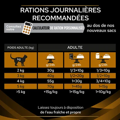 Tableau des rations journalières recommandées pour chats adultes selon le poids : 2 kg 30 g, 3 kg 40 g, 4 kg 55 g, 5 kg 70 g, plus de 5 kg +15 g/kg. Eau fraîche à disposition.