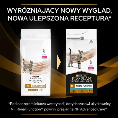 Porównanie opakowań karmy Purina Pro Plan Veterinary Diets NF Renal Function dla kotów: stare i nowe opakowanie z napisem 'Wyróżniający nowy wygląd, nowa ulepszona receptura'.