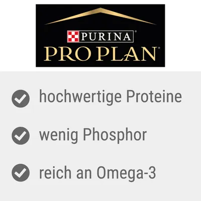 Purina Pro Plan. hochwertige Proteine, wenig Phosphor, reich an Omega-3 (teksti saksaksi)
