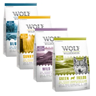 Wolf of Wilderness kutyatáp csomagok: Blue, Sunny, Wild, Green Fields. 100% grain-free recipe, látható ízek és angol nyelvű összetevő leírás a csomagoláson.