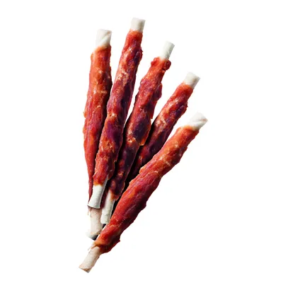 Cinci gustări de ros din material osos alb, învelite cu carne roșie uscată.