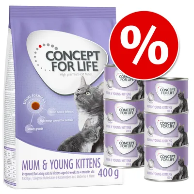 Krmivo pro kočky Concept for Life Mum & Young Kittens, balení 400 g a šest konzerv po 200 g, označení akce procento.