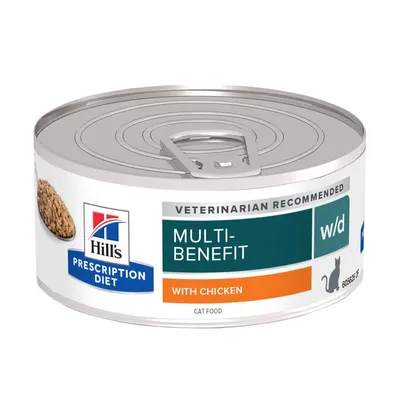 Tin labelled as prescription diet cat food, multi-benefit w/d with chicken, veterinarian recommended.