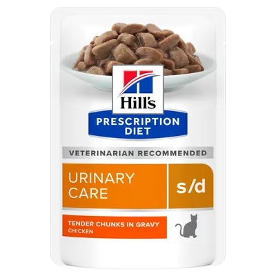 Hill's Prescription Diet Urinary Care s/d, Tender Chunks in Gravy Chicken, sachet pour chat, texte visible : Veterinarian Recommended.