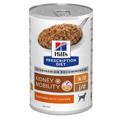 Can labelled Prescription Diet, veterinarian recommended, kidney and mobility k/d j/d, ActivBiome+ Kidney Defense, flavoured with chicken, dog food.