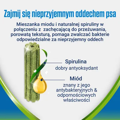 Zajmij się nieprzyjemnym oddechem psa. Mieszanka miodu i spiruliny, porowata tekstura pomaga zwalczać bakterie. Spirulina: dobry antyoksydant. Miód: właściwości antybakteryjne i odpornościowe.