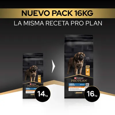 Purina Pro Plan Large Robust Adult ahora en el nuevo paquete de 16,kg, anteriormente 14,kg. La misma receta que antes. Purina Pro Plan Large Robust Adult ahora en el nuevo paquete de 16,kg, anteriormente 14,kg. La misma receta que antes.