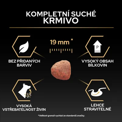 Kompletní suché krmivo, velikost 19 mm, bez barviv, vysoký obsah bílkovin, vysoká vstřebatelnost živin, snadno stravitelné.
