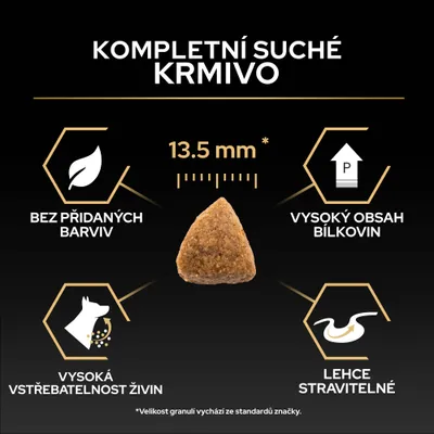 Kompletné suché krmivo, 13,5 mm veľkosť, bez farbív, vysoký obsah bielkovín, vysoká vstrebateľnosť živín, ľahko stráviteľné.