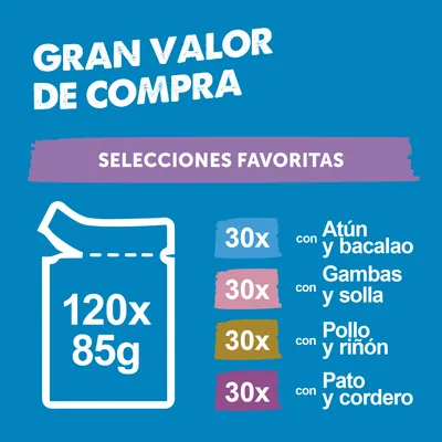 120 bolsitas de 85 g cada una. 30 de atún y bacalao, gambas y platija, pollo y riñón, pato y cordero. Pack surtido. 120 bolsitas de 85 g cada una. 30 de atún y bacalao, gambas y platija, pollo y riñón, pato y cordero. Pack surtido.