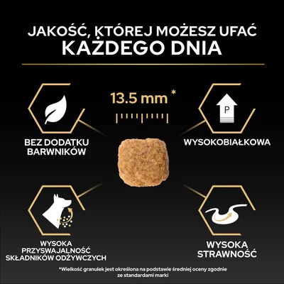 Wielkość krokietów 13,5 mm, bez barwników, wysoki poziom białka, wysoka strawność, wysoka przyswajalność składników odżywczych. Tekst powyżej: Jakość, której możesz ufać każdego dnia. Wielkość krokietów 13,5 mm, bez barwników, wysoki poziom białka, wysoka strawność, wysoka przyswajalność składników odżywczych. Tekst powyżej: Jakość, której możesz ufać każdego dnia.