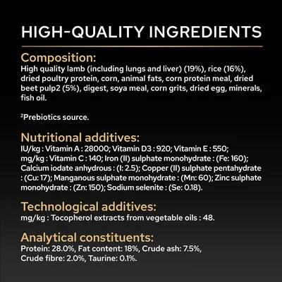 Composition: lamb 19%, rice 16%, poultry protein, maize, animal fats, beet pulp 5%. Nutrients: protein 28%, fat 18%, crude ash 7.5%, crude fibre 2%, taurine 0.1%.