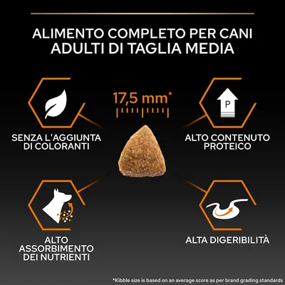 Alimento completo per cani adulti di taglia media, crocchetta 17,5 mm, senza l'aggiunta di coloranti, alto contenuto proteico, alto assorbimento dei nutrienti, alta digeribilità.