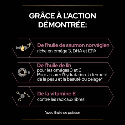 Texte : De l’huile de saumon norvégien riche en oméga 3, DHA et EPA ; De l’huile de lin pour les omégas 3 et 6 ; De la vitamine E contre les radicaux libres. *avec l’huile de poisson