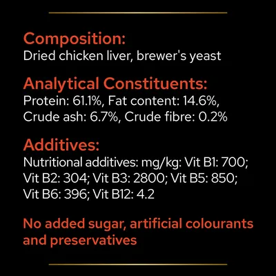 Composition: dried chicken liver, brewer's yeast. Protein 61.1%, fat 14.6%, ash 6.7%, fibre 0.2%. Additives: Vit B1 700, B2 304, B3 2800, B5 850, B6 396, B12 4.2. No added sugar, colourants, preservatives.