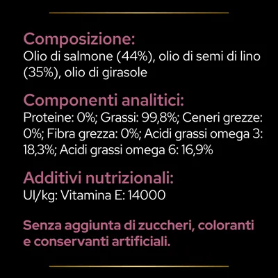 Composizione: olio di salmone 44%, olio di semi di lino 35%, olio di girasole. Grassi 99,8%, omega 3 18,3%, omega 6 16,9%. Vitamina E 14000 UI/kg. Senza zuccheri, coloranti o conservanti aggiunti.