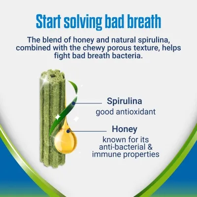 Product feature image showing a chew with honey and spirulina, highlighting benefits for fighting bad breath bacteria, antioxidant properties, and anti-bacterial and immune support.