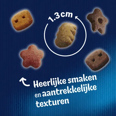 Verschillende vormen brokjes, maat 1,3 cm. Tekst: Heerlijke smaken en aantrekkelijke texturen.