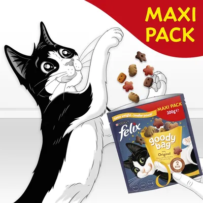 Maxi pack, 200g. Felix goody bag original treats with assorted shapes and colours, 2 kcal per treat. Same weight, smaller pouch.