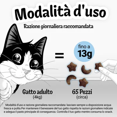 Modalità d'uso: razione giornaliera raccomandata per gatto adulto (4 kg) fino a 13 g, circa 65 pezzi. Testo aggiuntivo su consigli di somministrazione visibile in basso.