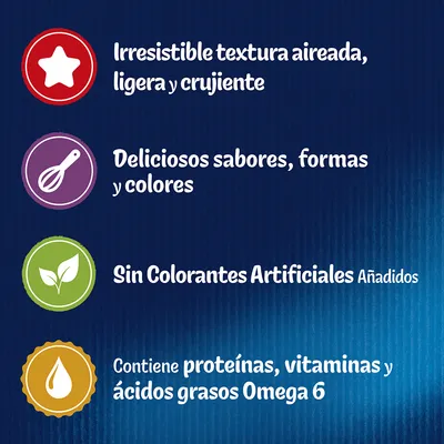 Irresistible textura aireada, ligera y crujiente. Deliciosos sabores, formas y colores. Sin colorantes artificiales añadidos. Contiene proteínas, vitaminas y ácidos grasos Omega 6.