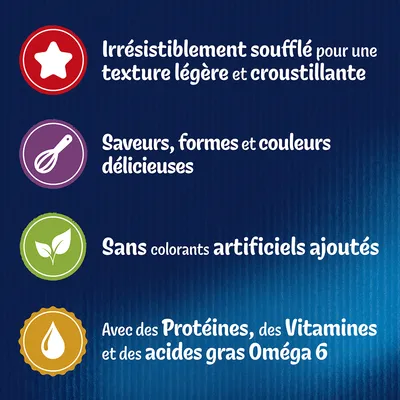 Irrésistiblement soufflé pour une texture légère et croustillante. Saveurs, formes et couleurs délicieuses. Sans colorants artificiels ajoutés. Avec des protéines, vitamines et oméga 6.
